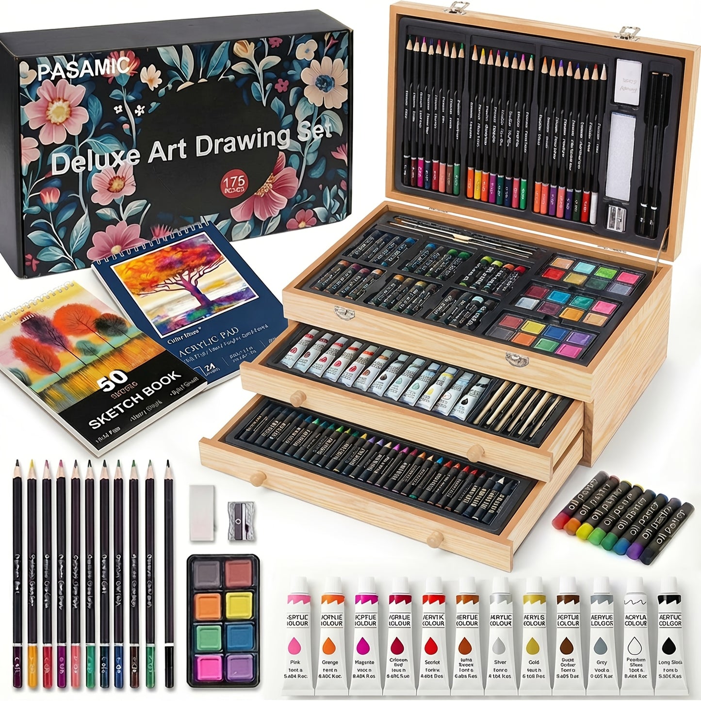 172pcs Deluxe Art Set with An Exquisite Gift Box And 2 Drawing Pads, Crayons, Acrylic Paints, Colored Pencils Set In Wooden Case, Professional Art Kit, Paint Supplies, Gift, Christmas, Art & Crafts, Craft Kits
