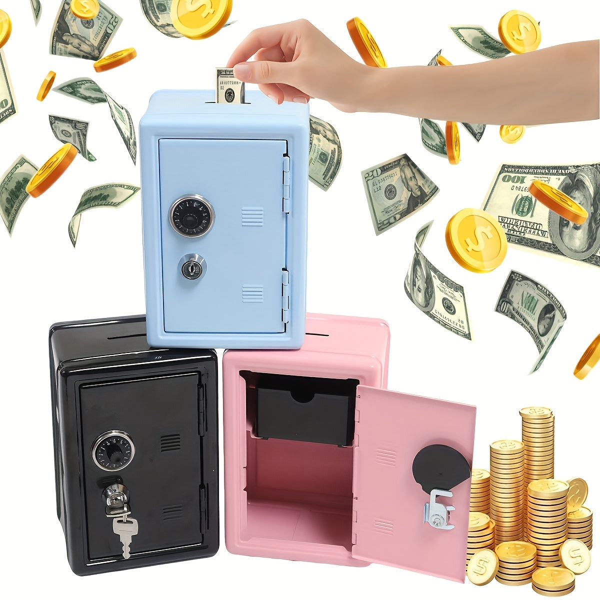 1pc Secure Metal Coin Bank Safe, Save Money Box Cash Storage Box with Key And Combination Lock, Small Money Bank with Removable Drawer, Home/office with Ideal for Back to School, Halloween, Christmas, New Year Gifts