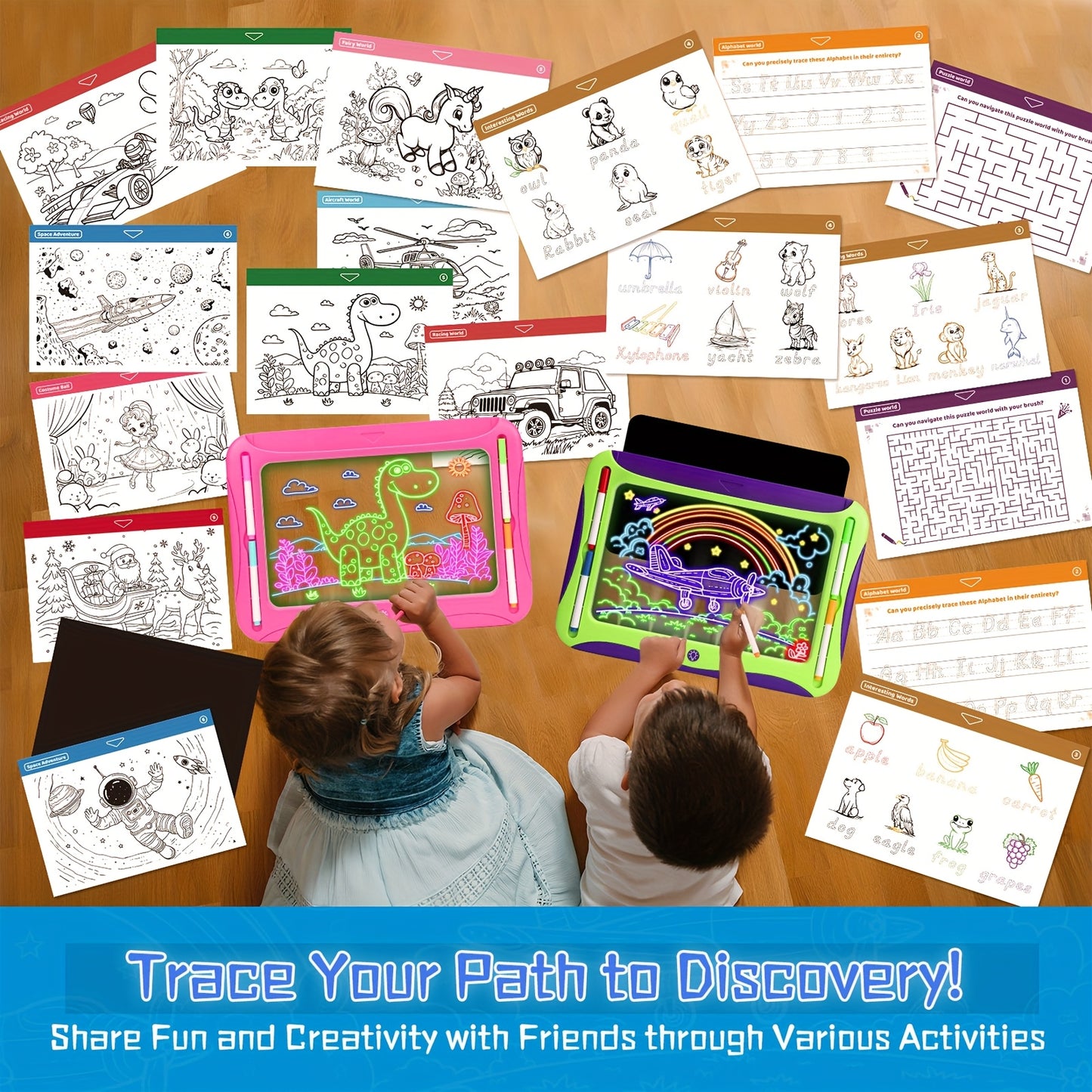 LED Light-Up Drawing Writing Doodle Board, Learning Travel Toy with 9 Double-Sided Cards, 6 Markers, Art Set, Suitable for Birthday Gifts And Christmas Gifts for Girls And Boys Aged 3-8.