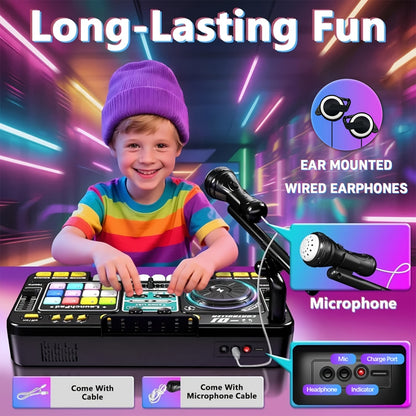Children's Multi-functional DJ Mixing Controller Set Toy, with LED Lights, Sound Effects, Microphone, And Piano DJ Keyboard Instrument. An Interactive Music Toy for Children, Featuring Over 100 Sound Effects, Piano Keys, Disco Mode, And Rechargeable