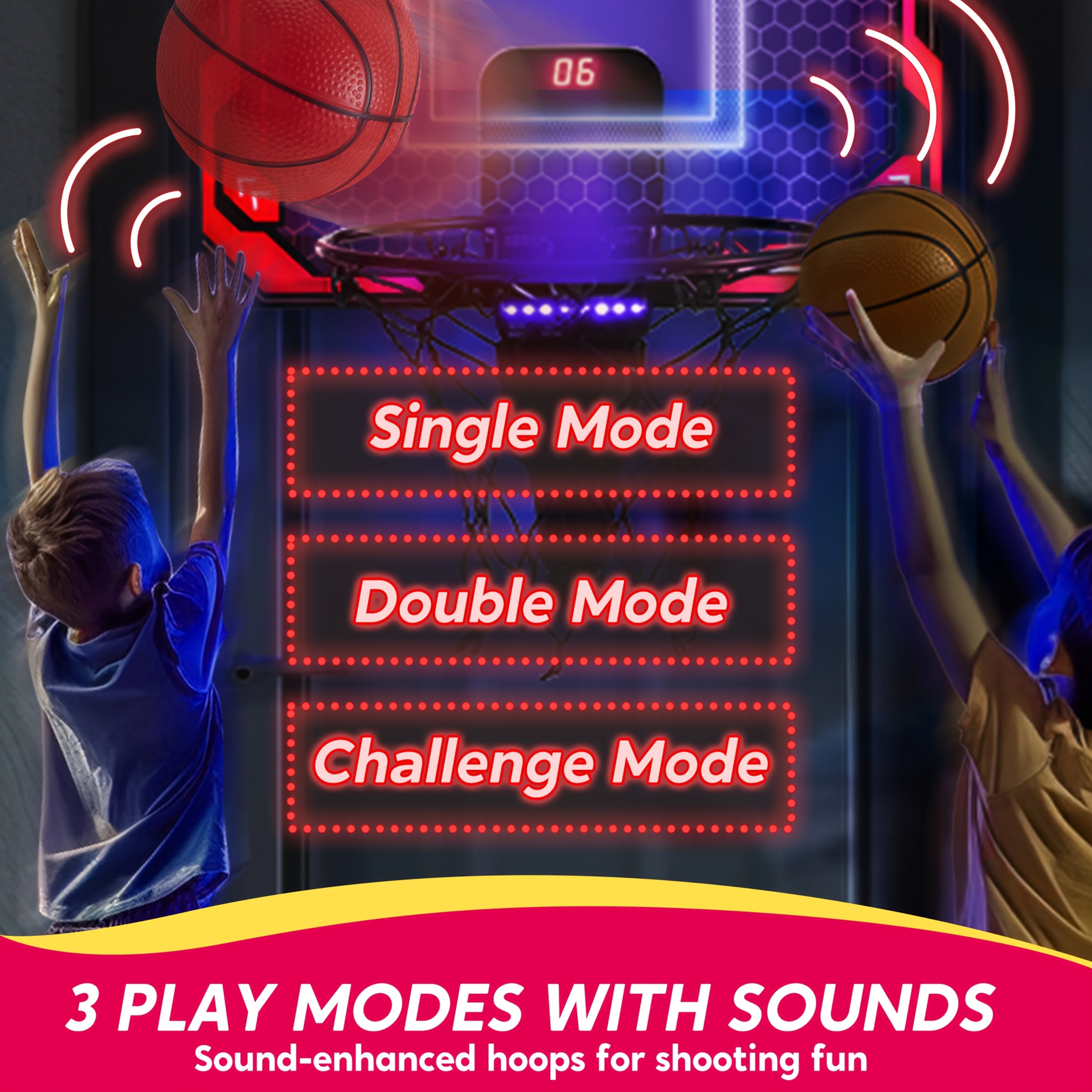 Mini Indoor Basketball Hoop, Light Up Over The Door Basketball Hoop for Kids with Scoreboard & 4 Balls, Bedroom Indoor Basketball, Basketball Toys Gifts for Boys Girls Ages 3 and UP(Red)