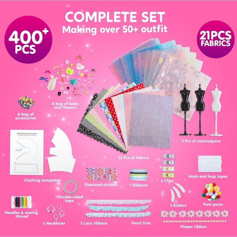 400PCS Fashion Design Crafts for Kids Art and Crafts Toy DIY Sewing Crafts with 3 Mannequins for Girls Aged 8-12, Birthday Presents