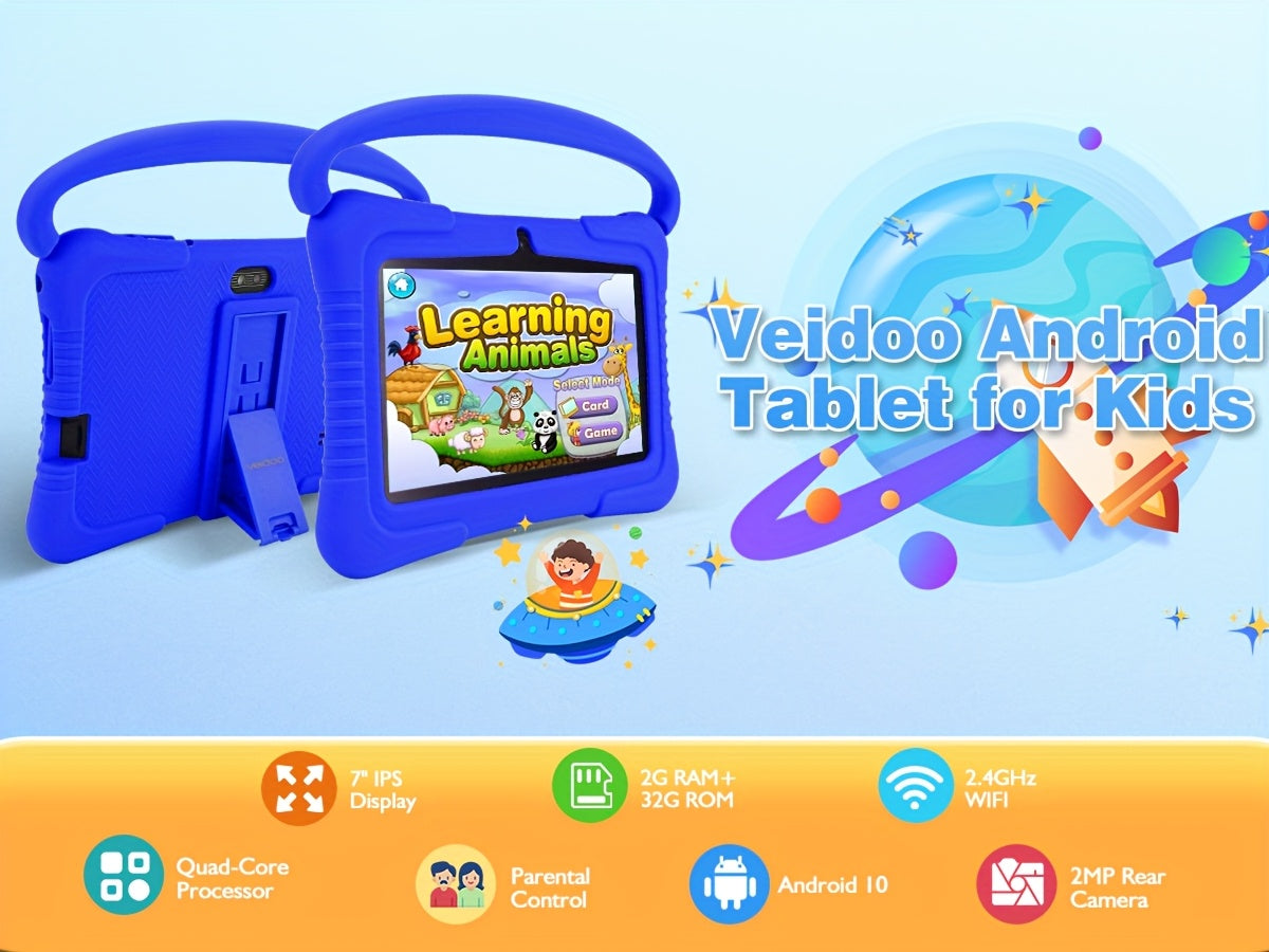 Veidoo Kids Tablet, 7 Inch Android Tablet PC, 2GB RAM 32GB ROM, Safety Eye Protection Screen, Wifi, Dual Camera, Games, Parental Control APP, Tablet with Silicone Case