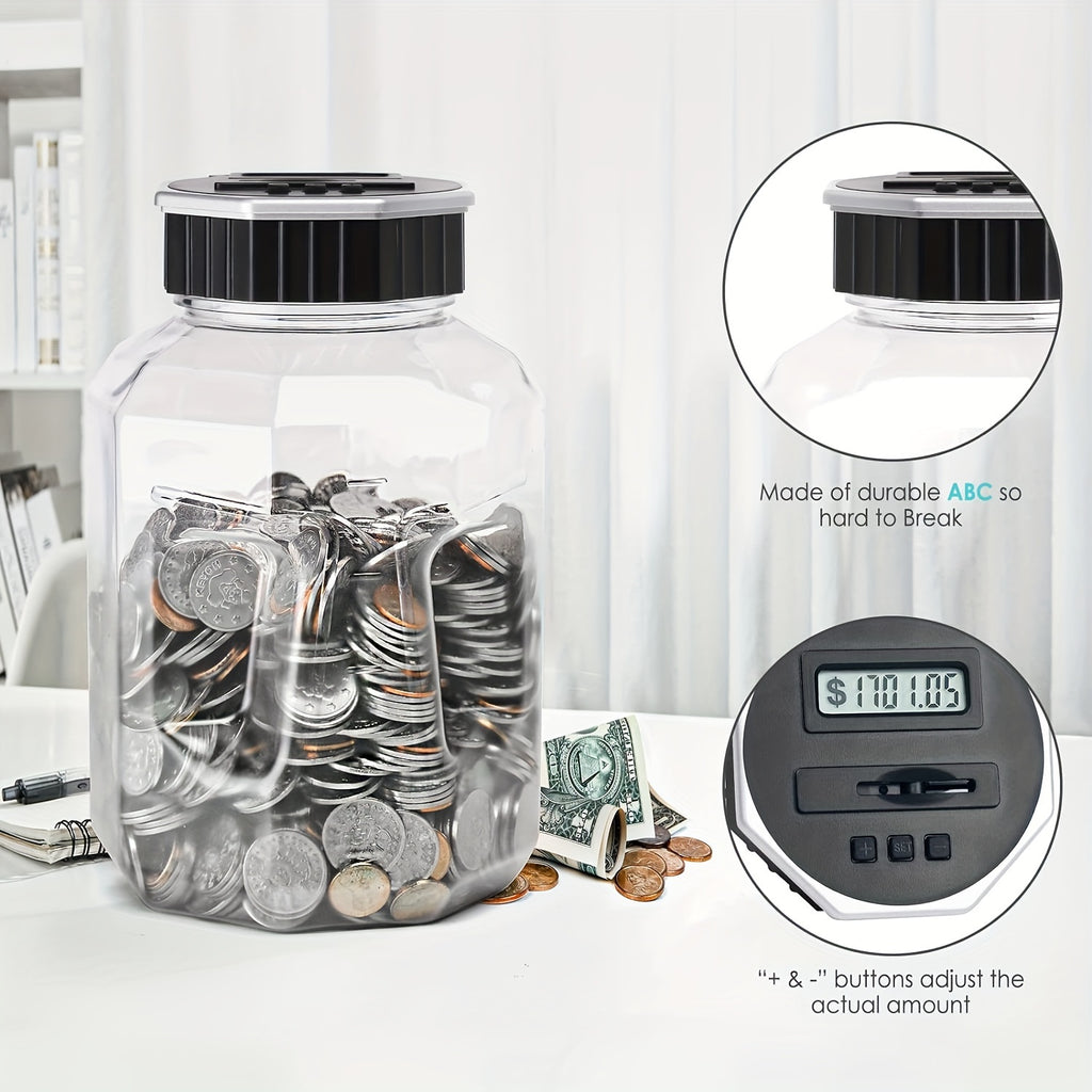 Extra-Large Adult Piggy Bank | Digital Coin Counting Jar with LCD Counter, 2.4-Liter Capacity, Displays Total Amount, Transparent Acrylic, Silvery