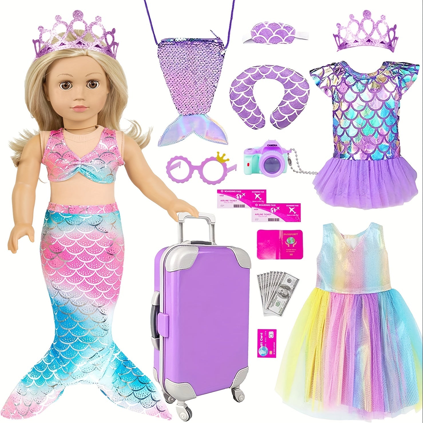 18 Inch Doll Clothes.(No Doll)And Accessories Mermaid Dress Luggage Case Travel Play Set Include Suitcase, Dresses, Bag, Camera, Glasses, Pillow, Eyeshade.Christmas Gift for Ages 3+
