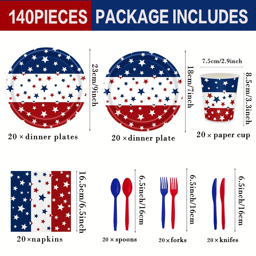 140pcs Independence Day Party Supplies 4Th of July Party Decorations Plates And Napkins Patriotic Memorial Day Party Decor Star Print Paper Plates, Serve for 20