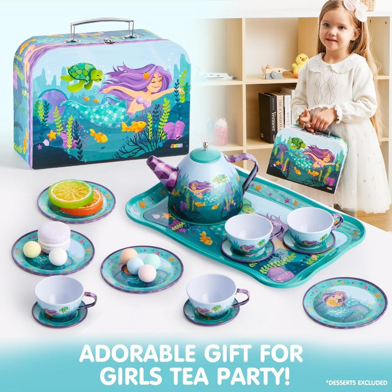Mermaid Tea Party Set for Little Girls, Pretend Tin Teapot Toy with Cups, Plates Carrying Case, Princess Tea Time Play Kitchen Kit, Perfect Christmas&Birthday Gifts for Kids Age 3+