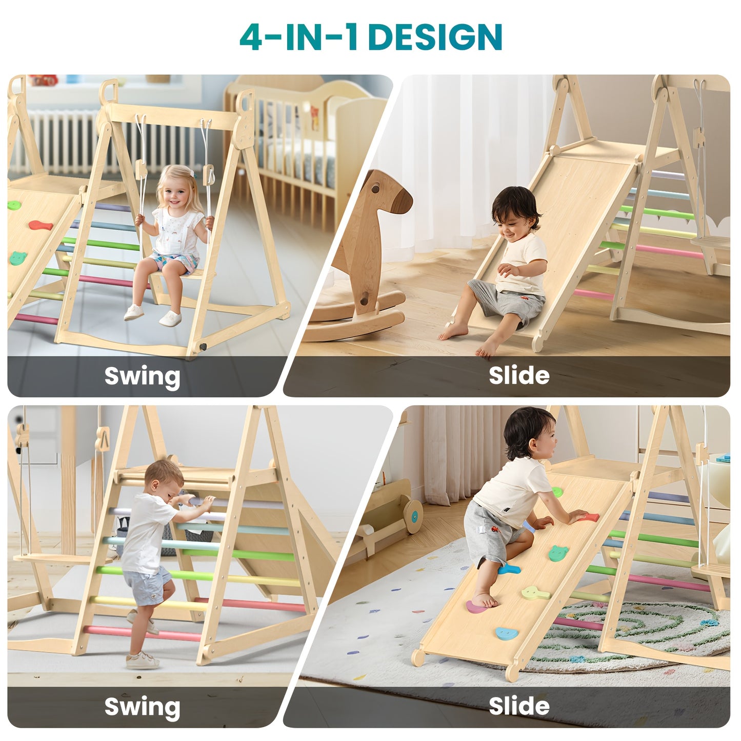 5-in-1 Foldable Indoor Jungle Gym for Toddlers Wooden Climbing Set with Slide, Swing, Ladder, Toddler Playground Playset for Kids 708.66inch+, Cognitive Development, Coordination (Rainbow, Blue).