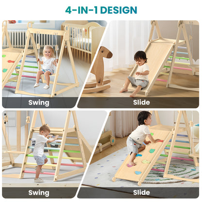 5-in-1 Foldable Indoor Jungle Gym for Toddlers Wooden Climbing Set with Slide, Swing, Ladder, Toddler Playground Playset for Kids 708.66inch+, Cognitive Development, Coordination (Rainbow, Blue).