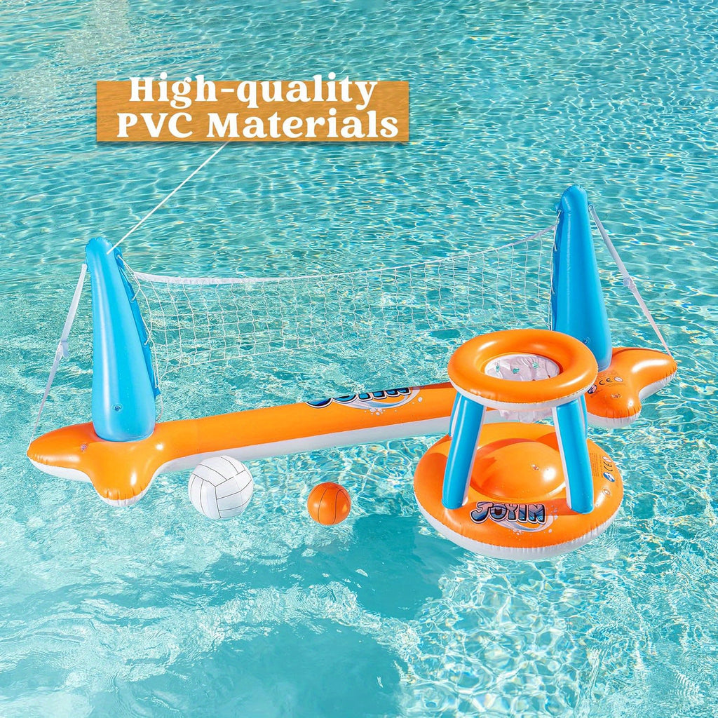 SYNCFUN Inflatable Pool Float Set Volleyball Net & Basketball Hoops, Floating Swimming Party Games & Activities Toy for Kids And Adults, Summer Floaties, Volleyball Court Basketball, L-Orange