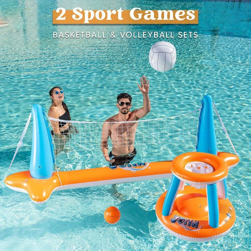 SYNCFUN Inflatable Pool Float Set Volleyball Net & Basketball Hoops, Floating Swimming Party Games & Activities Toy for Kids And Adults, Summer Floaties, Volleyball Court Basketball, L-Orange