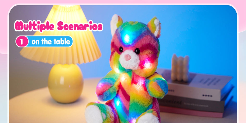 Musical Glowing Rainbow Cat Stuffed Animal, Mother'S Day Gift Glow in The Dark Plush Toy, Cuddly Night Companion Toy, Soft Cute Playing Doll, Adorable Birthday Gift Plush Toy for Kids