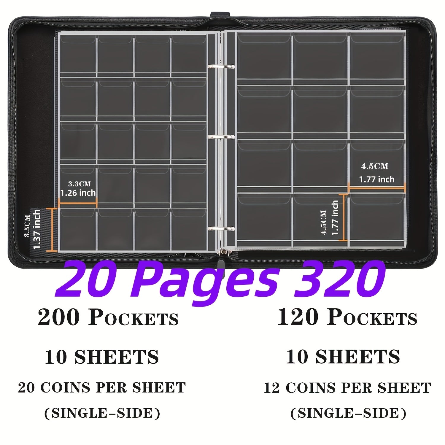 Zipper And Handle 200/320 Pocket Coin Collection Book -with 10/20 Pages A Black Storage Book Suitable for Displaying And Organizing Currency And Commemorative Coins, Coin Storage Book, Suitable for 20/25/27/30mm Coins