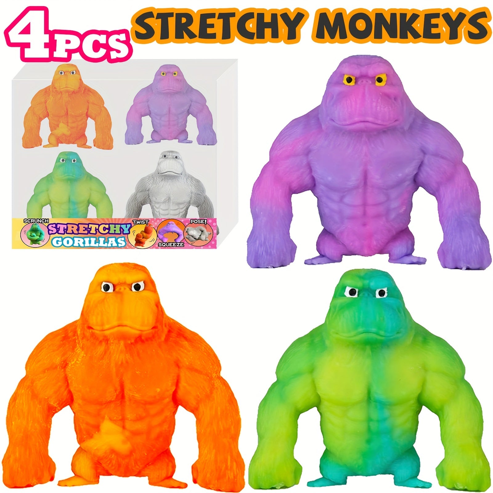 [4PCS Squishy Monkeys] 4PCS/PACK Mega Gorilla Squishy Monkey Stretchy Squishy Funkee Monkee Mega Gorillas - Stretch, Squish, And Even Squeeze - The Filling Material Is PVA Sponge, Not Sand. Random Color