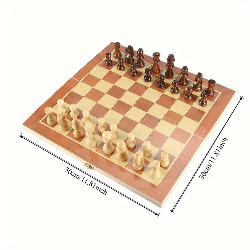 Handmade Wooden Folding Chess Set, Portable 12" Chessboard (30x30cm) with Game Pieces.