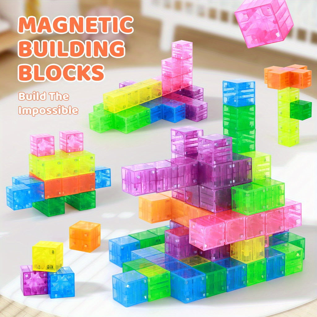 [Christmas & Birthday Gift] 100pcs Magnetic Building Blocks Toy | Random Colorful Transparent Cube Construction Set | Creative Physics Learning Toy | Ideal Christmas & Birthday Gift For Boys & Girls