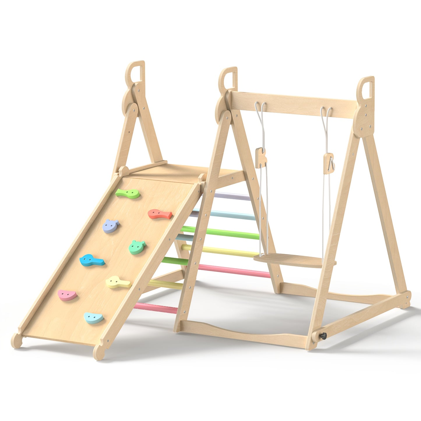 5-in-1 Foldable Indoor Jungle Gym for Toddlers Wooden Climbing Set with Slide, Swing, Ladder, Toddler Playground Playset for Kids 708.66inch+, Cognitive Development, Coordination (Rainbow, Blue).