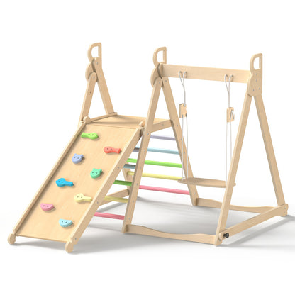 5-in-1 Foldable Indoor Jungle Gym for Toddlers Wooden Climbing Set with Slide, Swing, Ladder, Toddler Playground Playset for Kids 708.66inch+, Cognitive Development, Coordination (Rainbow, Blue).