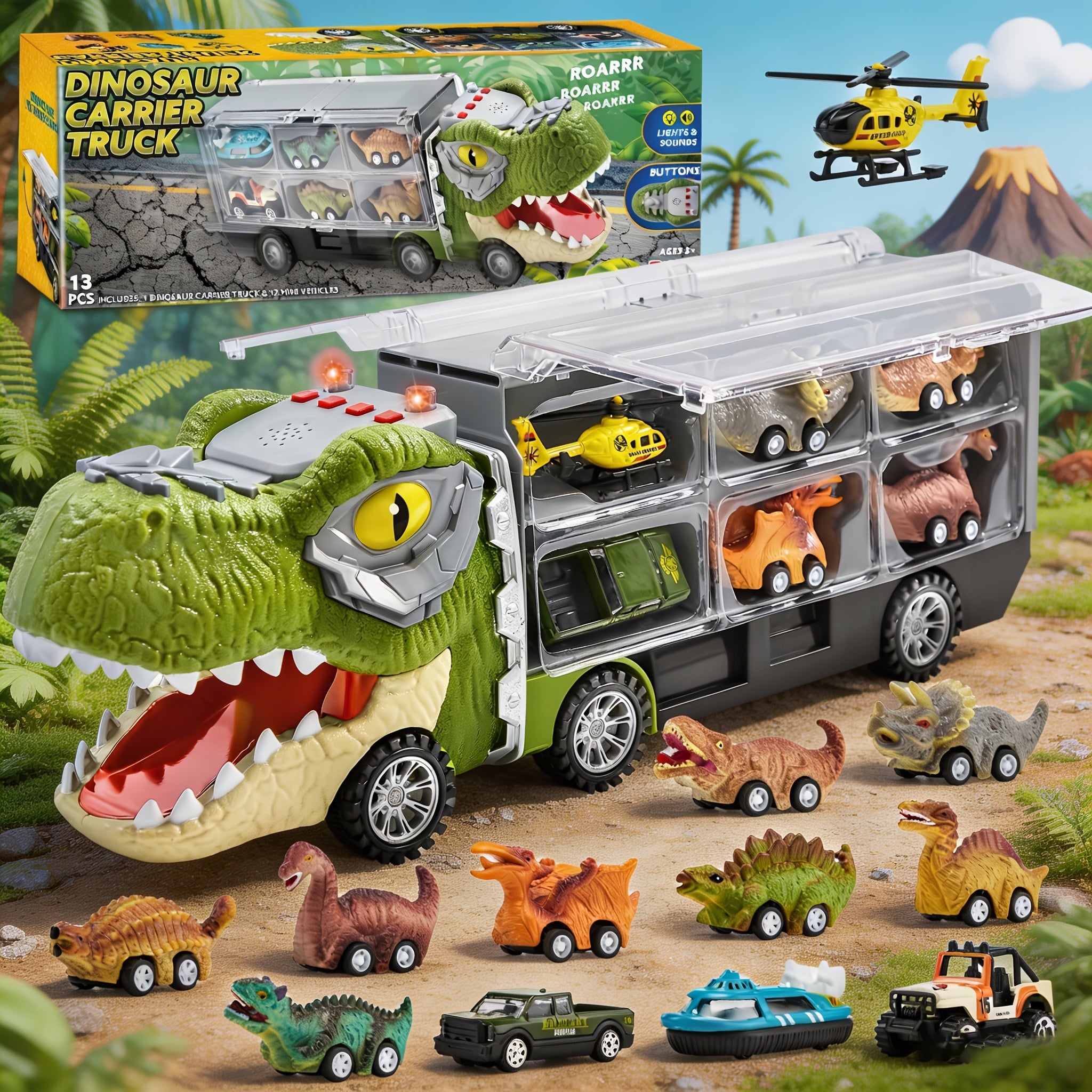 13 Packs Super Value Dinosaur Truck Toys for Kids, Transport Carrier Truck with Sound & Light, Dinosaur Truck with 12 Pull Back Cars, Small Dinosaur Cars Set with Friction Powered, Christmas Birthday Gifts Toys for 3+ Year Old Boy