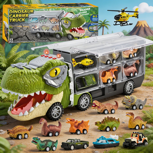 13 Packs Super Value Dinosaur Truck Toys for Kids, Transport Carrier Truck with Sound & Light, Dinosaur Truck with 12 Pull Back Cars, Small Dinosaur Cars Set with Friction Powered, Christmas Birthday Gifts Toys for 3+ Year Old Boy