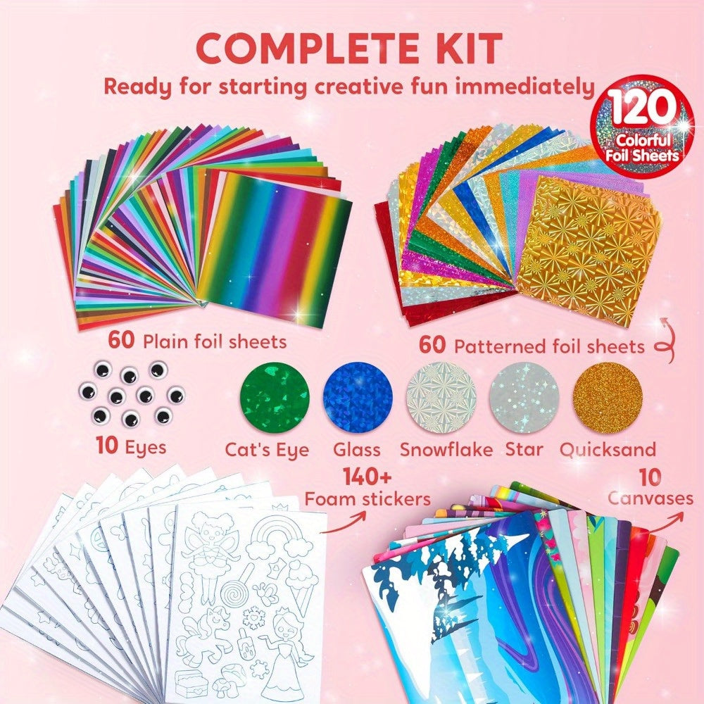 Foil Art Kit for Kids, Arts & Crafts Supplies, 10 Unique Designs&120 Colorful Foil Sheets, Mess Free Coloring, Foil Foam Stickers, Creative Travel Toys, Christmas Birthday Gifts for Boys And Girls