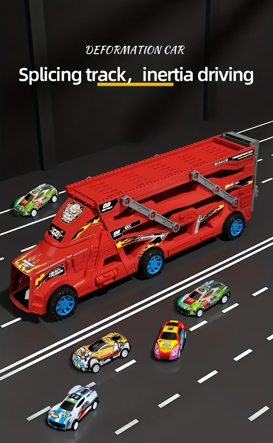 Red Transforming Launcher Truck Playset with 8 Alloy Cars - Foldable Storage Transporter Toy - Durable ABS Construction - Suitable for Ages 3+